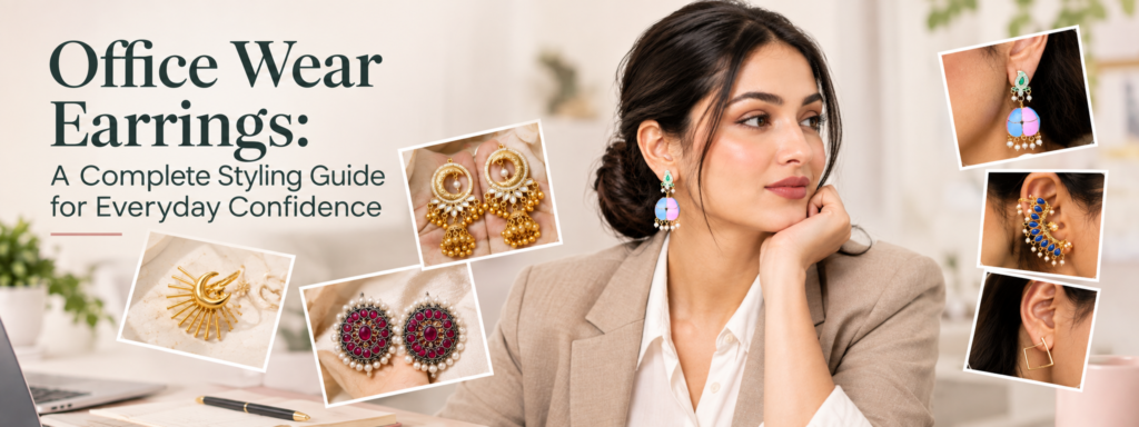 Office wear earrings styling guide featuring a professional woman wearing earrings with a selection of work-friendly earring styles