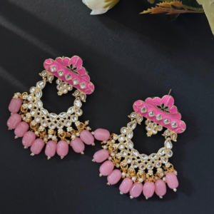 Pink Meenakari Kundan Chandbali Earrings with Pink Bead Drops | Gold Bridal Statement Earrings for Women