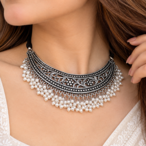Oxidised Silver Choker Necklace with Pearl Drops | Filigree Tribal Statement Necklace for Women