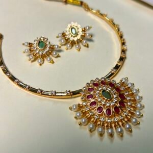 Gold Hasli Necklace Set with Ruby Emerald and Pearl | Temple Jewellery Choker Set with Matching Earrings