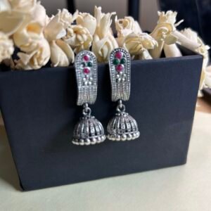 Oxidised Silver Rectangular Stone Jhumka Earrings | Ruby Emerald Ethnic Jhumki for Women