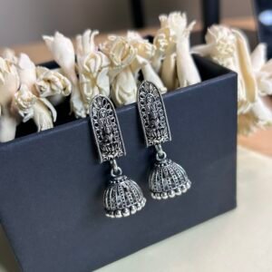 Oxidised Silver Filigree Arch Jhumka Earrings | Temple Deity Motif Ethnic Jhumki for Women