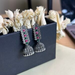 Oxidised Silver Long Stone Jhumka Earrings | Floral Ruby Emerald Ethnic Jhumki for Women