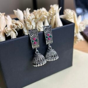 Oxidised Silver Arch Stone Jhumka Earrings | Ruby Emerald Small Ethnic Jhumki for Women