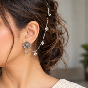 Silver Oxidised Flower Earring with Hair Chain Ghungroo | Kaan Chain Earring for Women