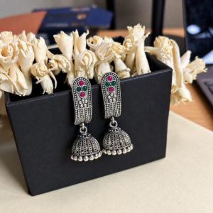 Oxidised Silver Arch Stone Jhumka Earrings | Ruby Emerald Small Ethnic Jhumki for Women